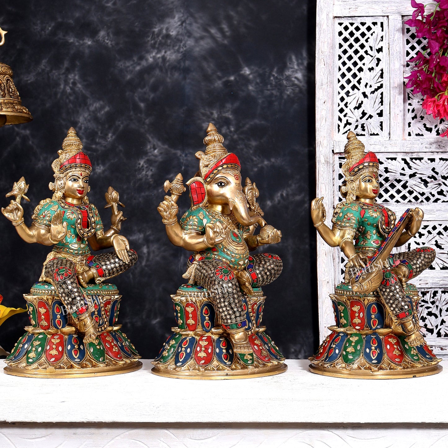 Brass Ganesha, Lakshmi, and Saraswati Idols on Lotus Base 15 inch with shringar and meenakari