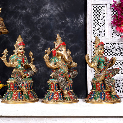 Brass Ganesha, Lakshmi, and Saraswati Idols on Lotus Base 15 inch with shringar and meenakari