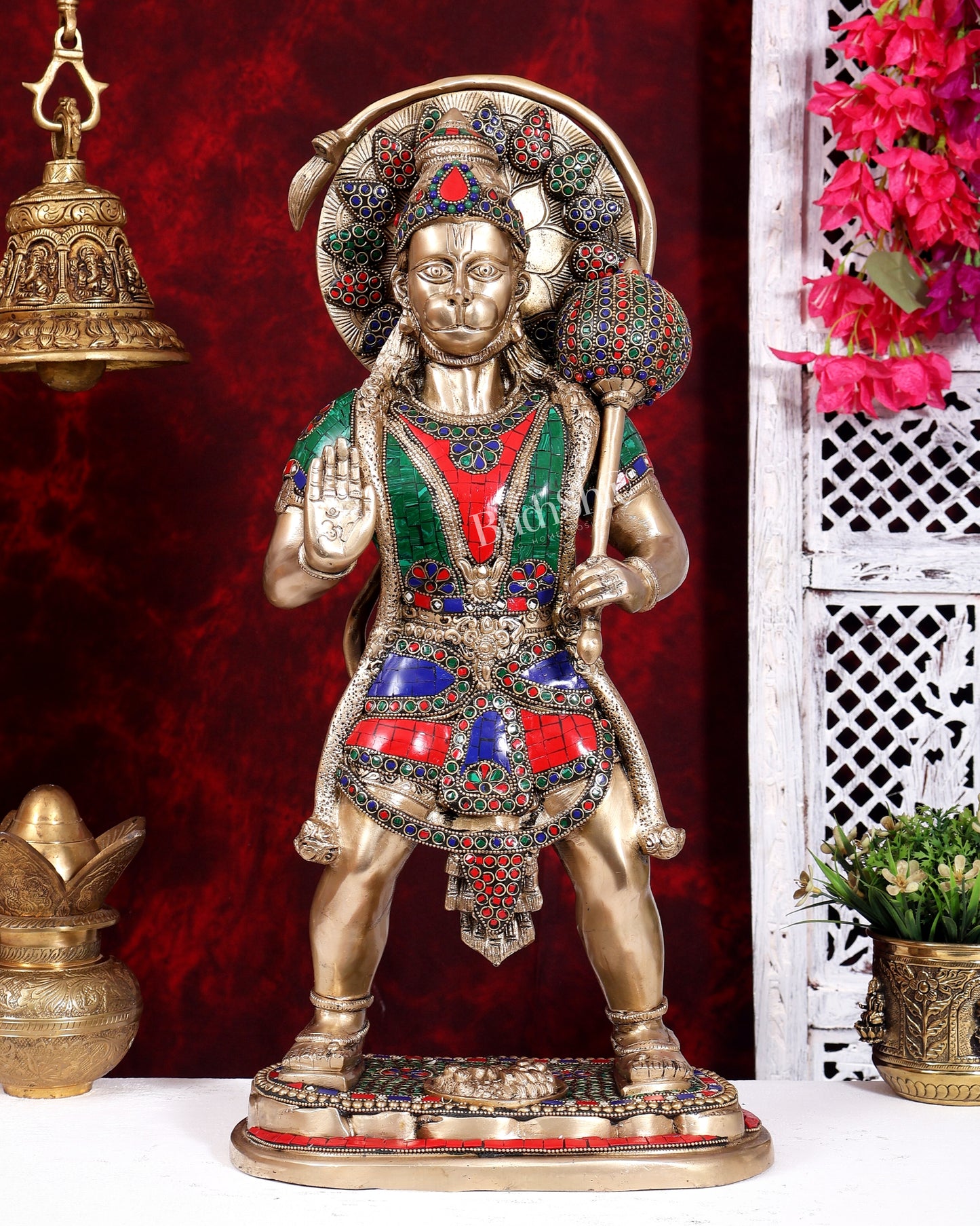 Pure Brass Standing Hanuman Statue 22 inch with Stonework