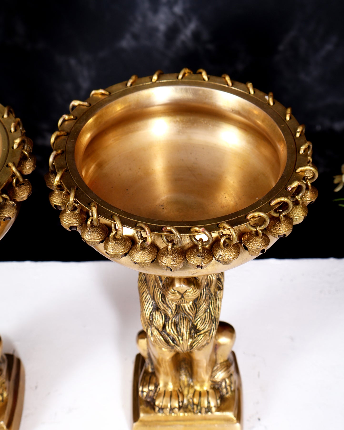 Brass Sitting Lion with Urli – Decorative & Auspicious Artefact 9.5 inch pair