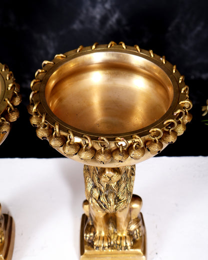Brass Sitting Lion with Urli – Decorative & Auspicious Artefact 9.5 inch pair