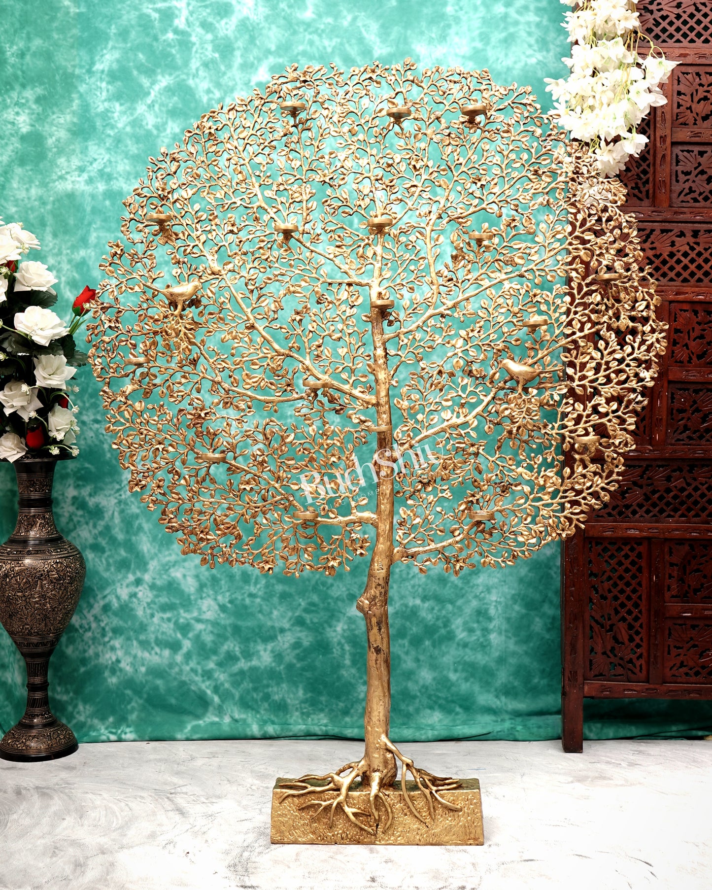 Pure Brass Large Kalpavriksha Tree with Birds & Diyas/T-Light Holders 50 inch