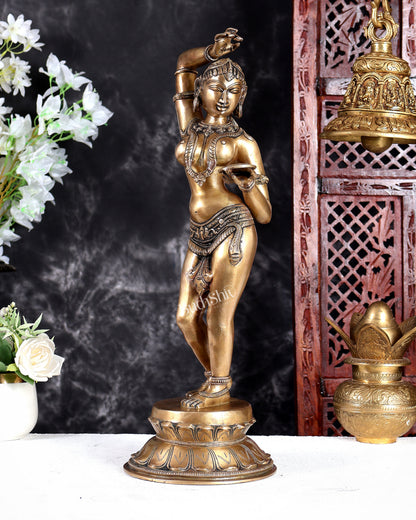 Brass Khajuraho-Inspired Apsara Sculpture Holding Mirror – Handcrafted Shringar Decorative Statue 20 inch