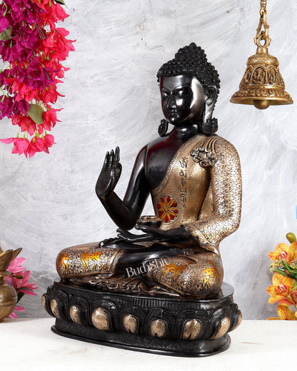 Brass Handcrafted Buddha Statue in Black Tone with Mandala, Mantra & Deer Motifs – Grand Meditation Sculpture (23 Inches)
