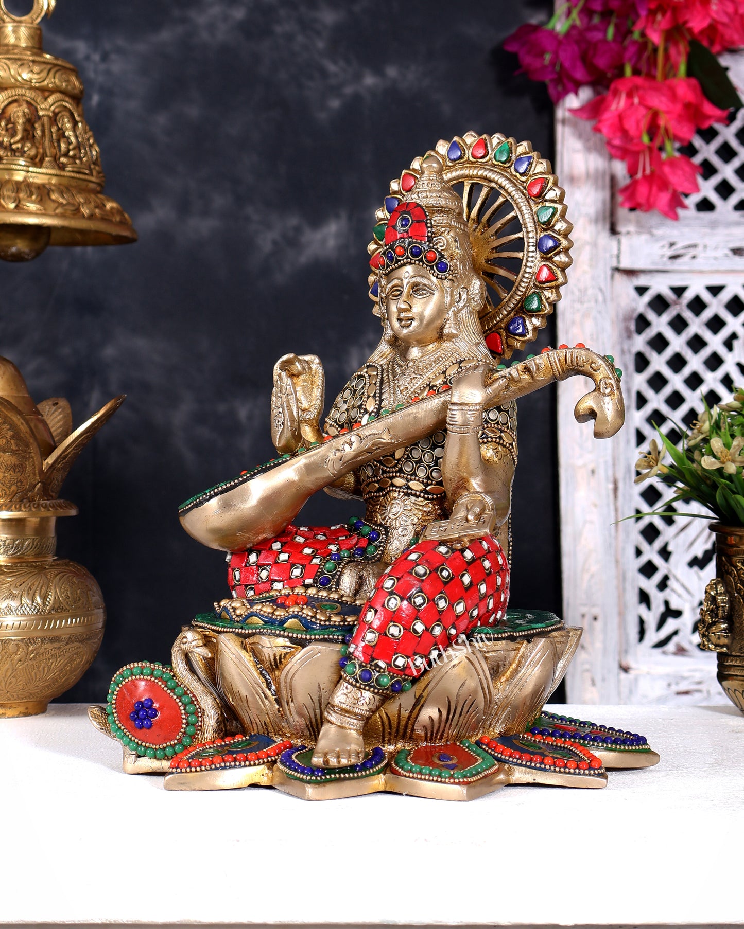 Brass Goddess Saraswati Sitting on Lotus with Swan | 11 Inch with meenakari Stonework