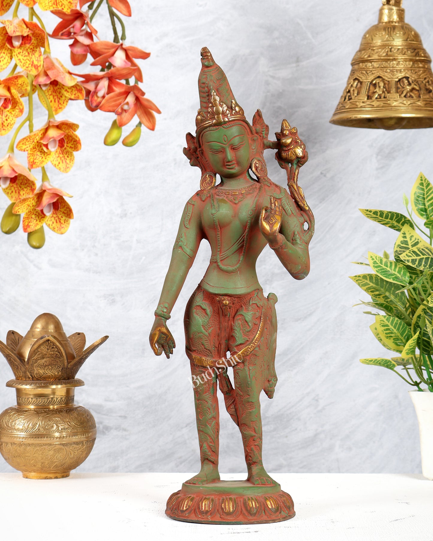 Vintage Brass Standing Green Tara Statue – Antique Patina with Red Sand Finish (16.2 Inches)