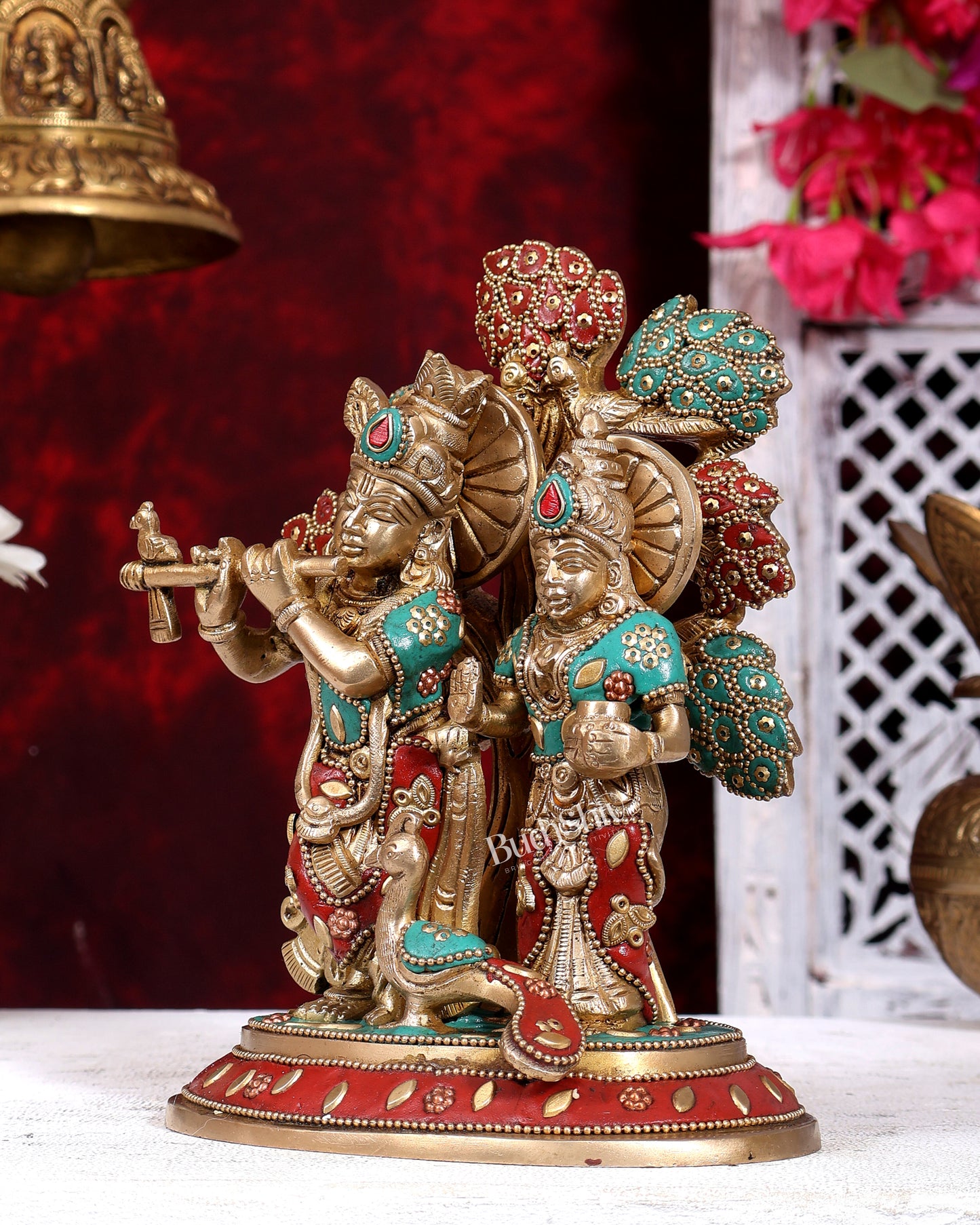 Pure Brass Superfine Radha Krishna Standing Under Kalpavriksha Statue 8 inch with Stonework