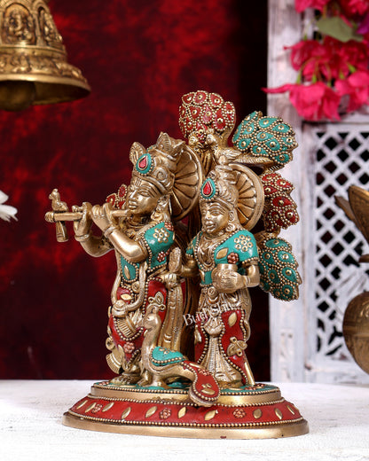 Pure Brass Superfine Radha Krishna Standing Under Kalpavriksha Statue 8 inch with Stonework