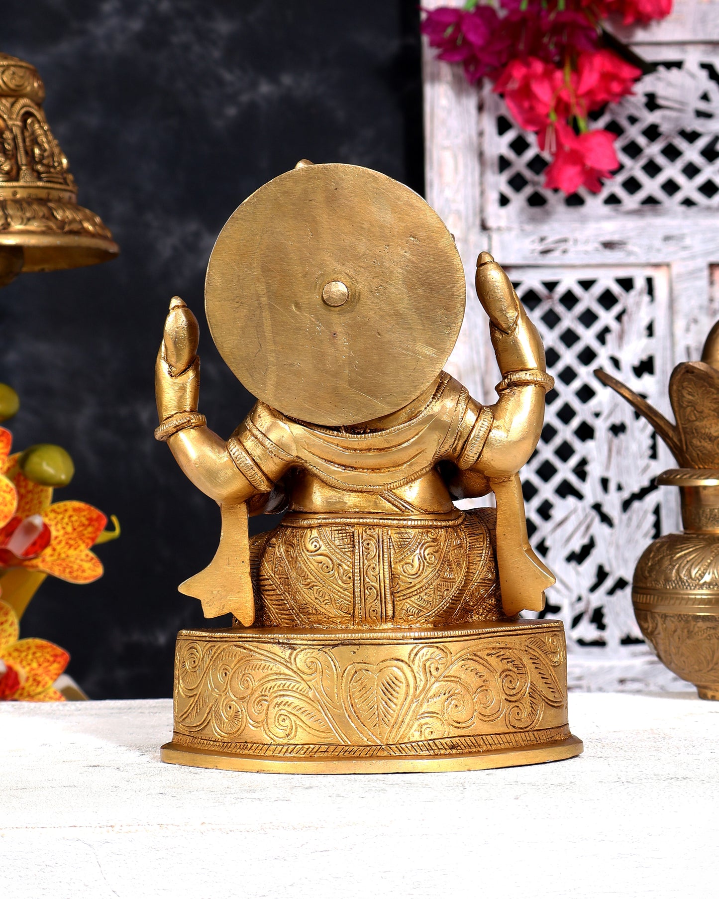 Unique Brass Ganesha Statue with Base Carvings 8 inch