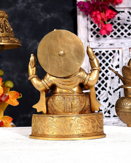 Unique Brass Ganesha Statue with Base Carvings 8 inch