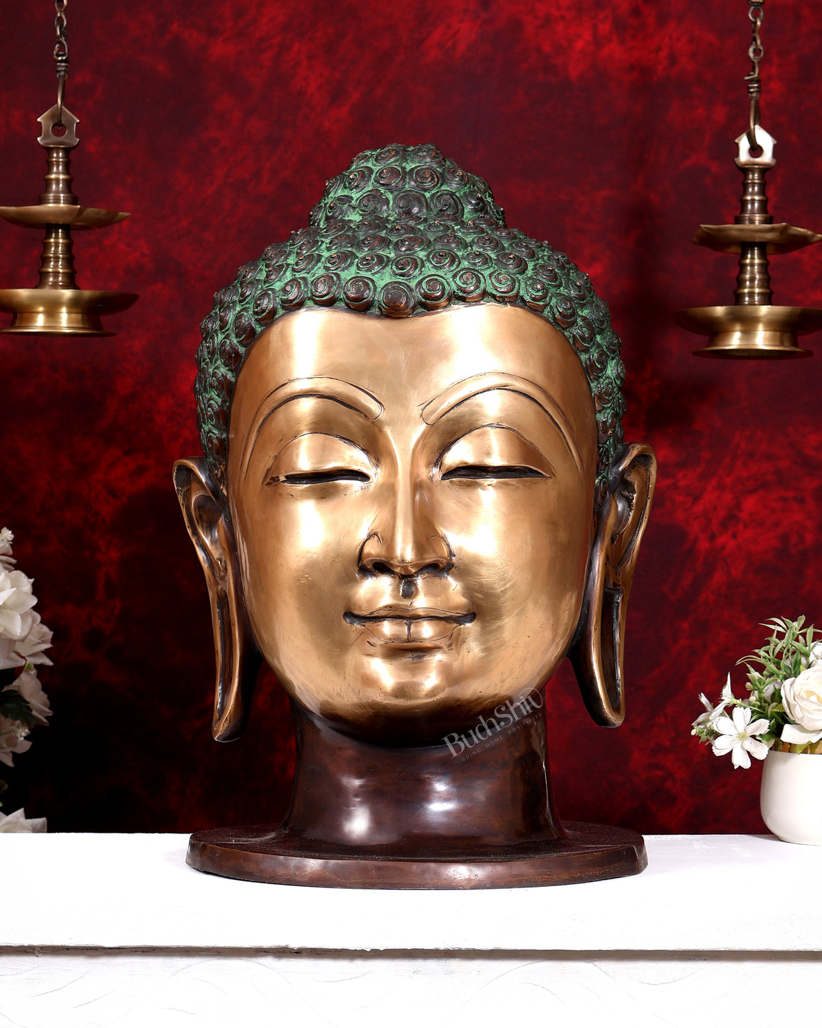 Brass Buddha Head Large — Brown and Green Sand Finish 21 inch