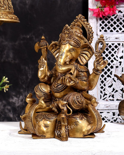 Brass Lord Ganesha on Elephant Heads Aasan – 12.5 inch