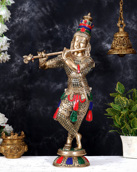 Brass Krishna Statue with Rings and Stonework 23 inch