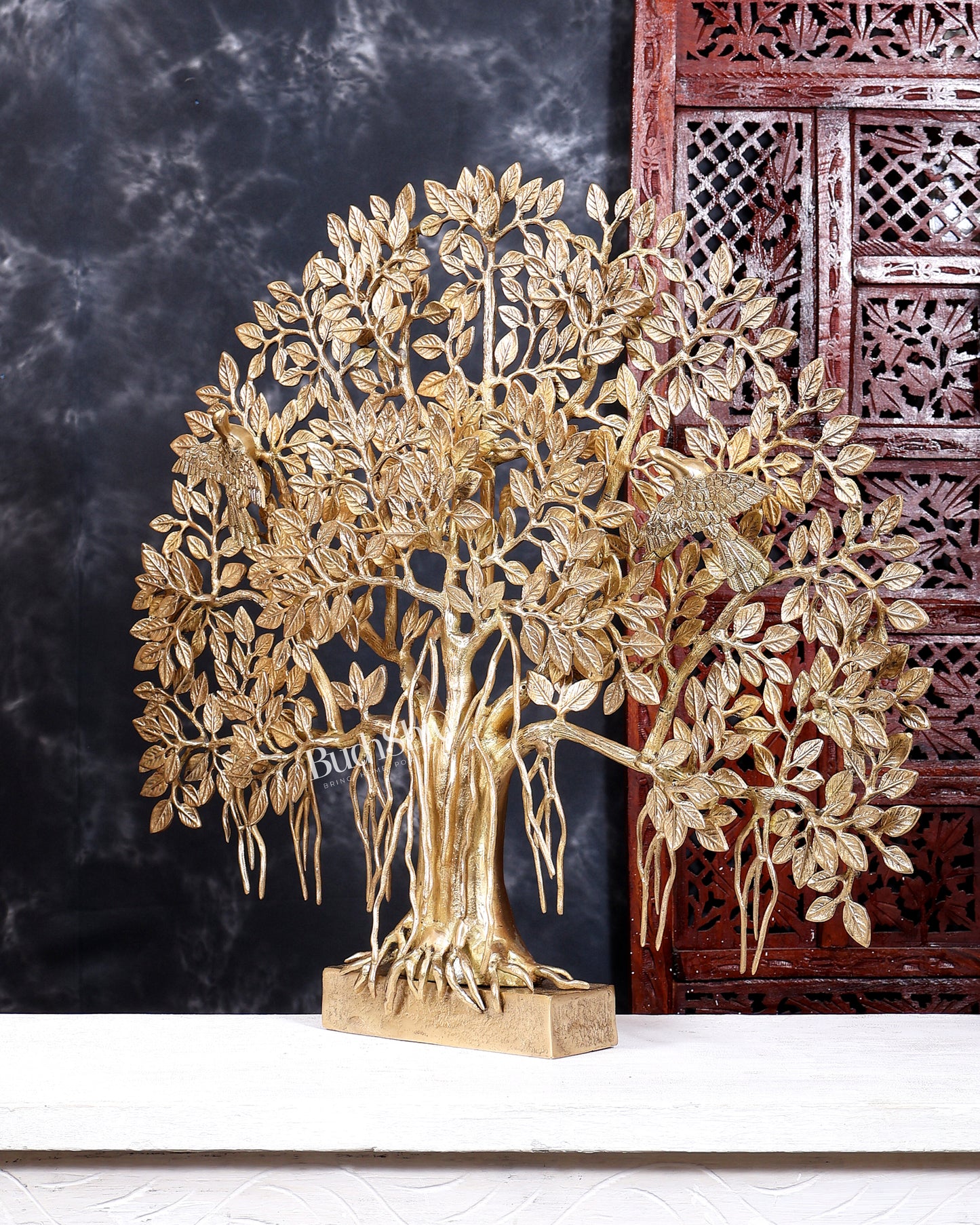 Brass Superfine Large Kalpavriksha Tree Tabletop Artefact | Birds & Hanging Roots 28 inch