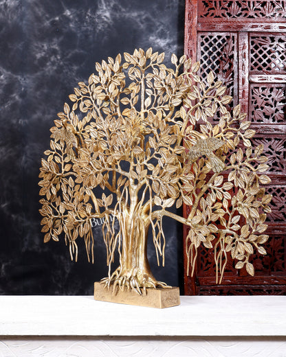 Brass Superfine Large Kalpavriksha Tree Tabletop Artefact | Birds & Hanging Roots 28 inch