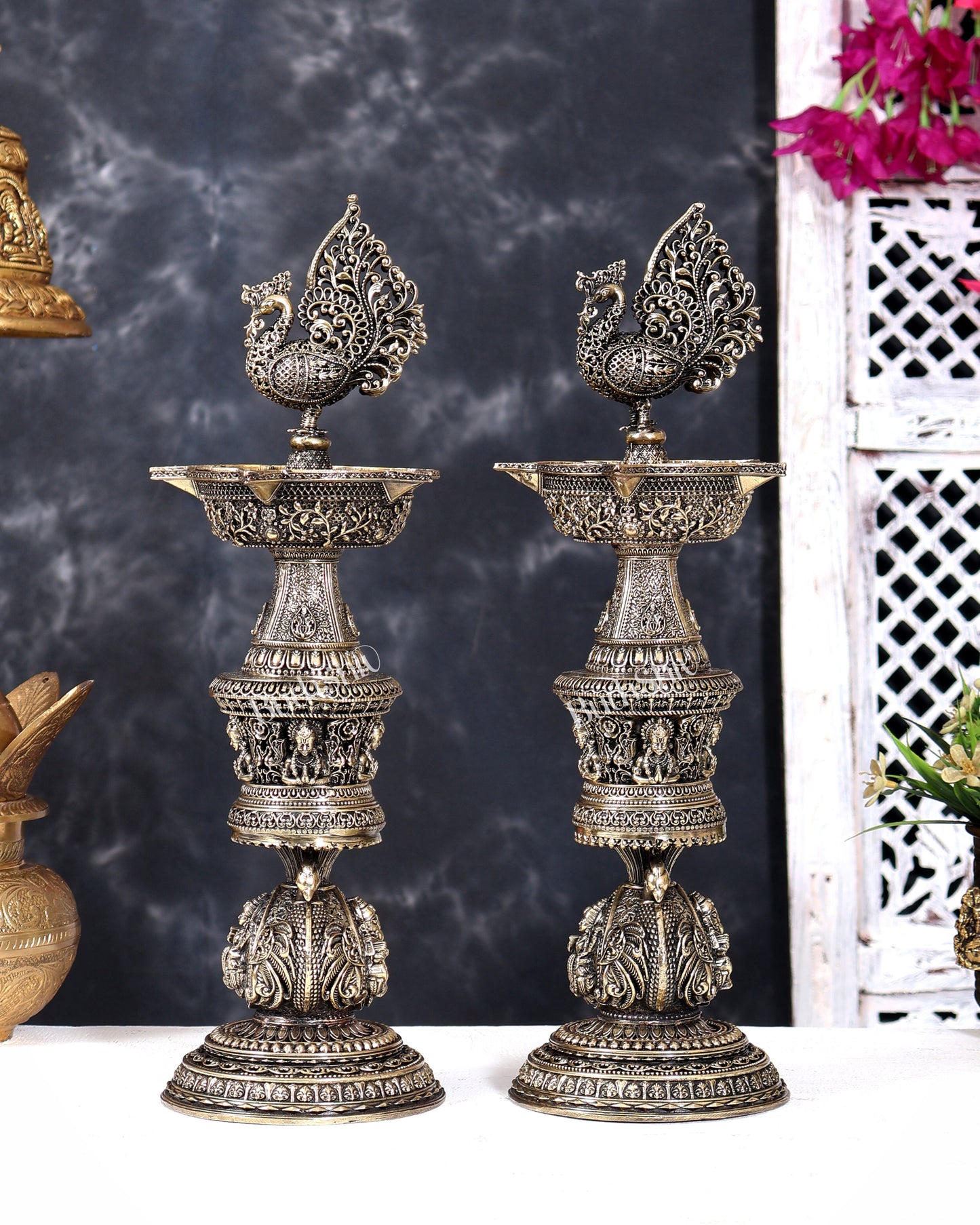 Brass Superfine Annam Pakshi Design Peacock Lamp with Ganesh Lakshmi Carvings 14 inch