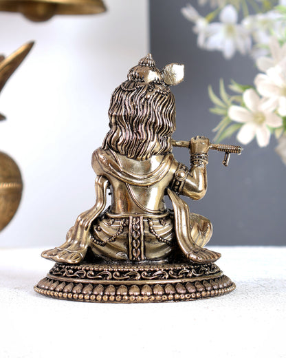 Brass Superfine Baby Krishna Sitting Playing Flute Idol – Handcrafted Smiling Bal Gopal Statue 5 inch