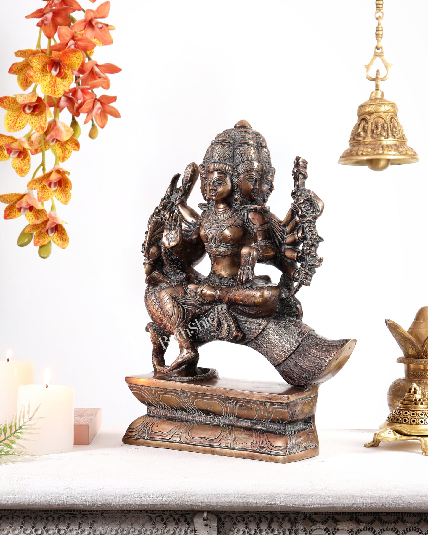Pure Brass Large shanmurugan Sitting on a Peacock – Kartikeya Swamy Idol 16" antique finish