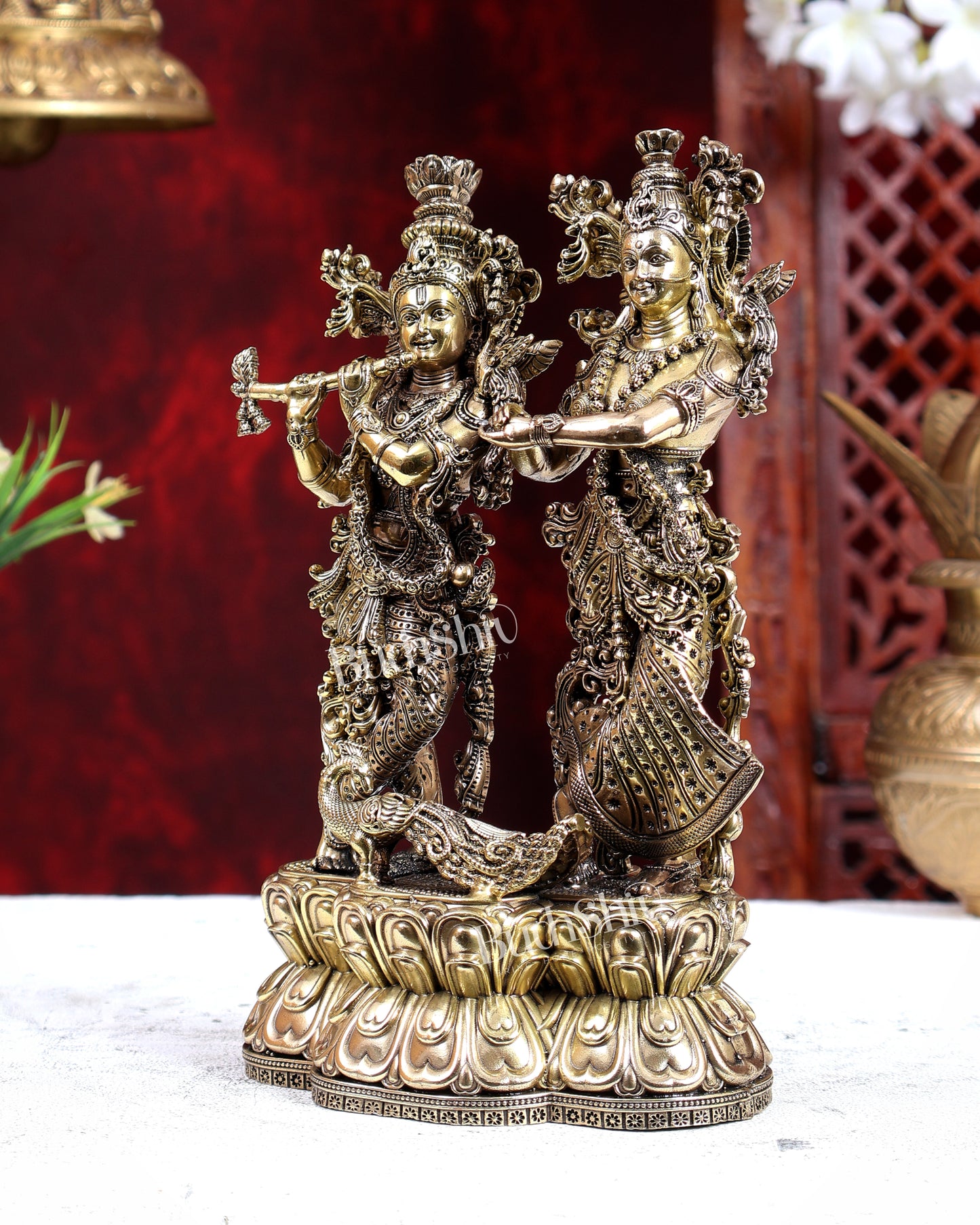 Brass Superfine Radha Krishna with Peacock Idol on Same Base 8 inch