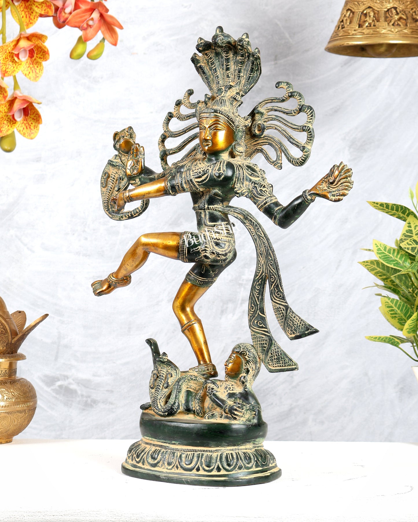 Brass Dancing Shiva Nataraja Statue Without Fire Ring – Vintage Henna Green Sand Finish (17.5 Inches)