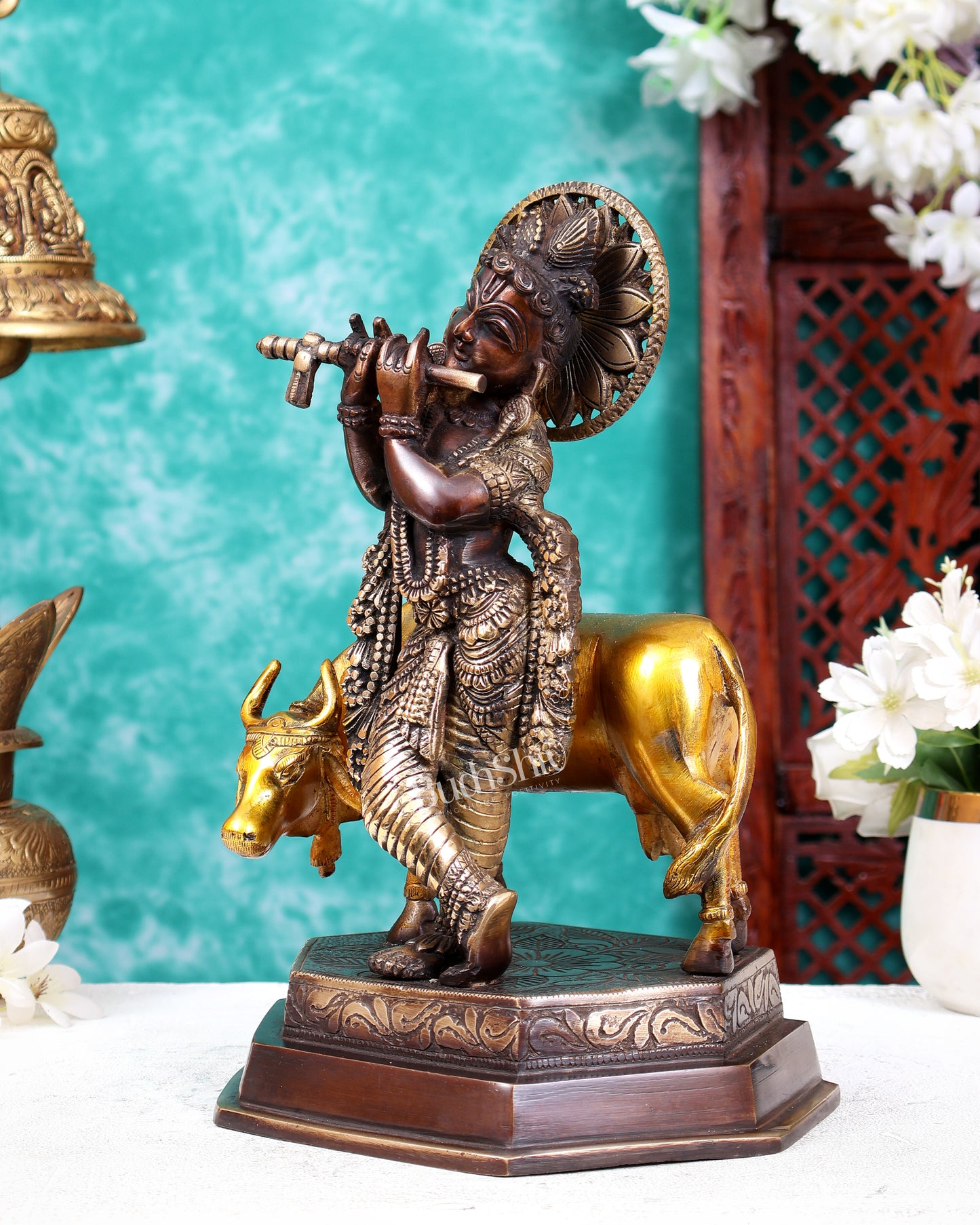 Brass Lord Krishna with Cow statue | 11.5" Height three tone finish