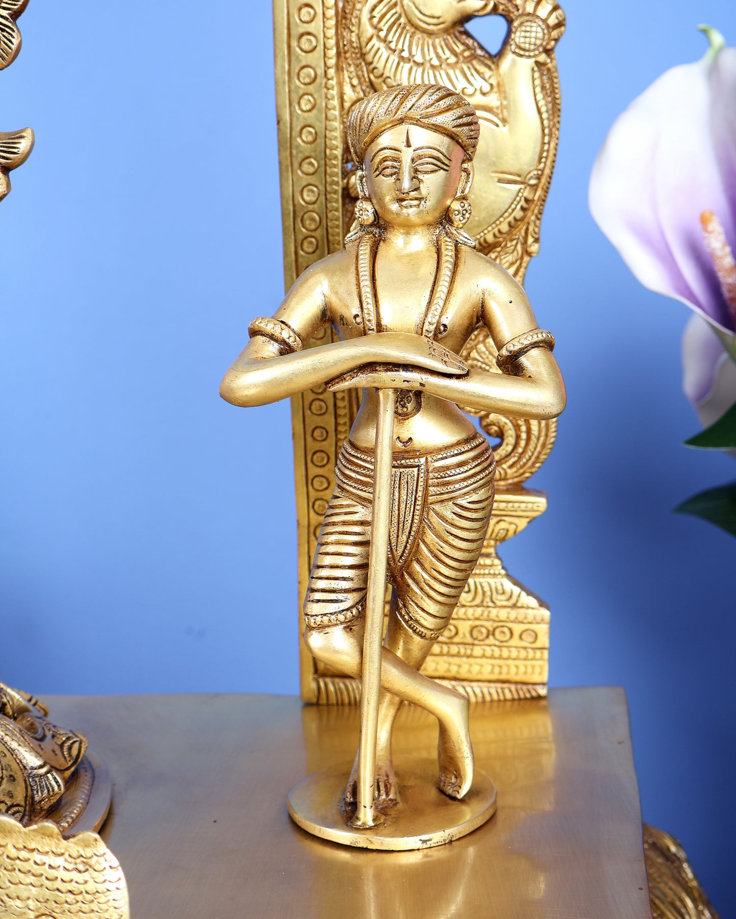 Premium Brass Lord Krishna with Cow, Calf, Sheshanaag, Sudama & Kirtimukha Prabhavali – Grand Venugopala Sculpture (36.5 Inches)