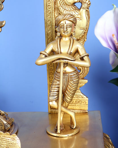 Premium Brass Lord Krishna with Cow, Calf, Sheshanaag, Sudama & Kirtimukha Prabhavali – Grand Venugopala Sculpture (36.5 Inches)