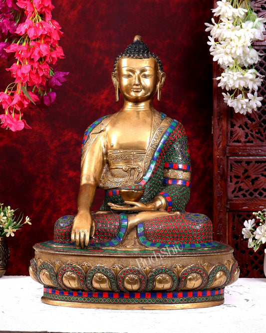Brass Buddha Statue in Bhoomisparsha Mudra with Medicine Bowl - 21.5 Inch stonework