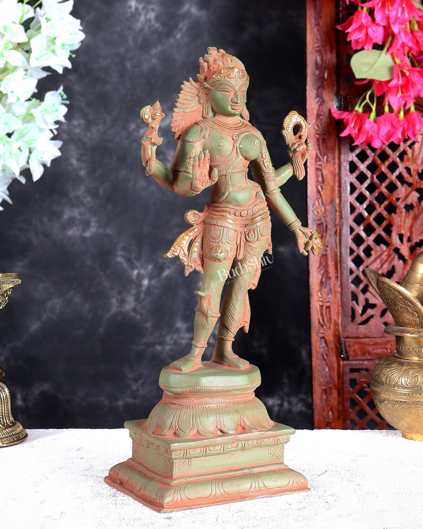 Pure Brass vintage Ardhanarishwara idol 13.5" Green sand patina tone