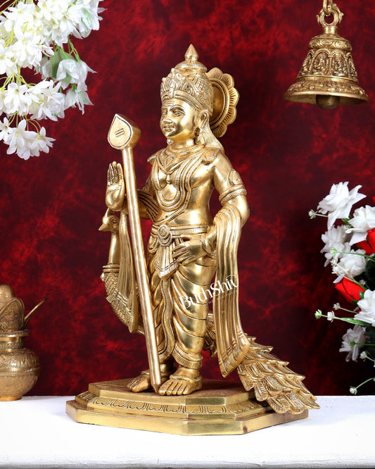Large Brass Murugan Swamy with Peacock Idol – Highly Detailed Lord Kartikeya Statue (20.5 Inch)
