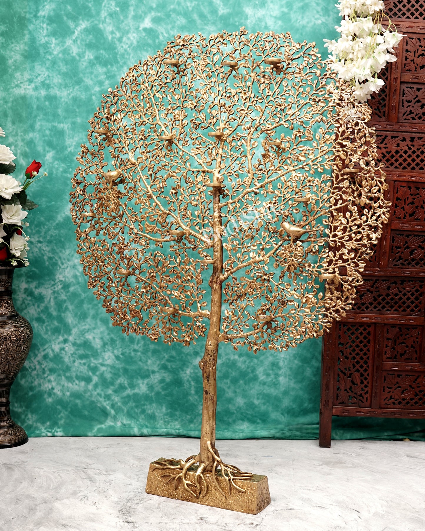 Pure Brass Large Kalpavriksha Tree with Birds & Diyas/T-Light Holders 50 inch