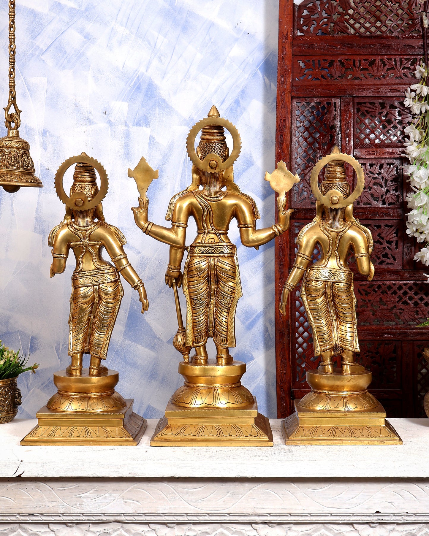 Brass Lord Vishnu with Bhudevi & Sridevi Idol Set | Large 3-Piece Temple Statue | Pure Brass Vaishnava Sculpture 25 inch