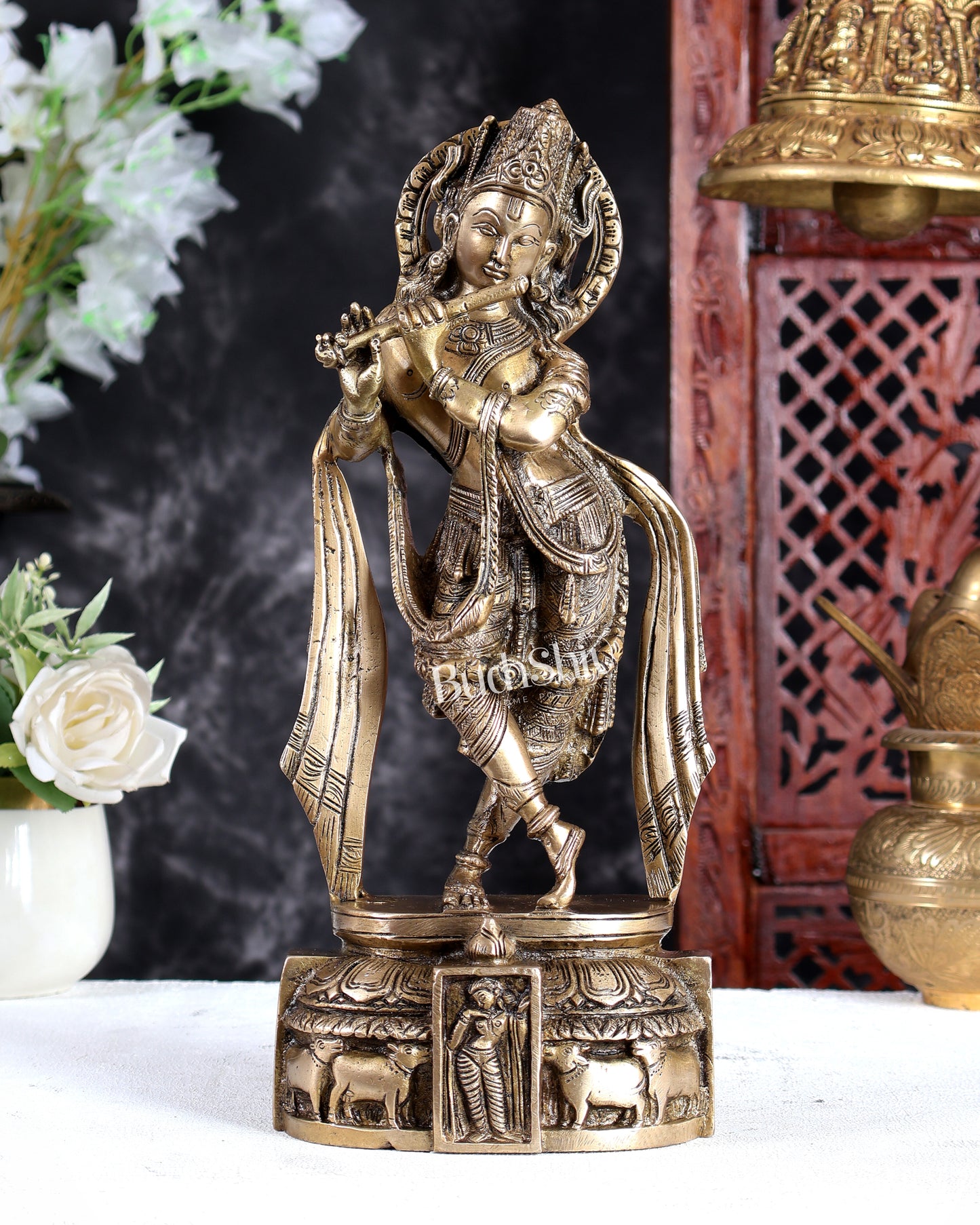 Unique Brass Lord Krishna Statue with Long Matted Hair – Handcrafted Divine Sculpture 12 inch