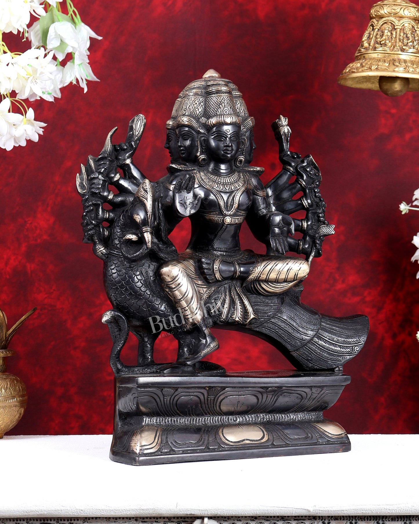 Pure Brass Large Aarumugam Murugan Sitting on a Peacock – Kartikeya Swamy Idol 16" black finish