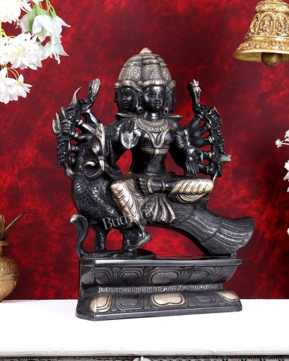 Pure Brass Large Aarumugam Murugan Sitting on a Peacock – Kartikeya Swamy Idol 16" black finish