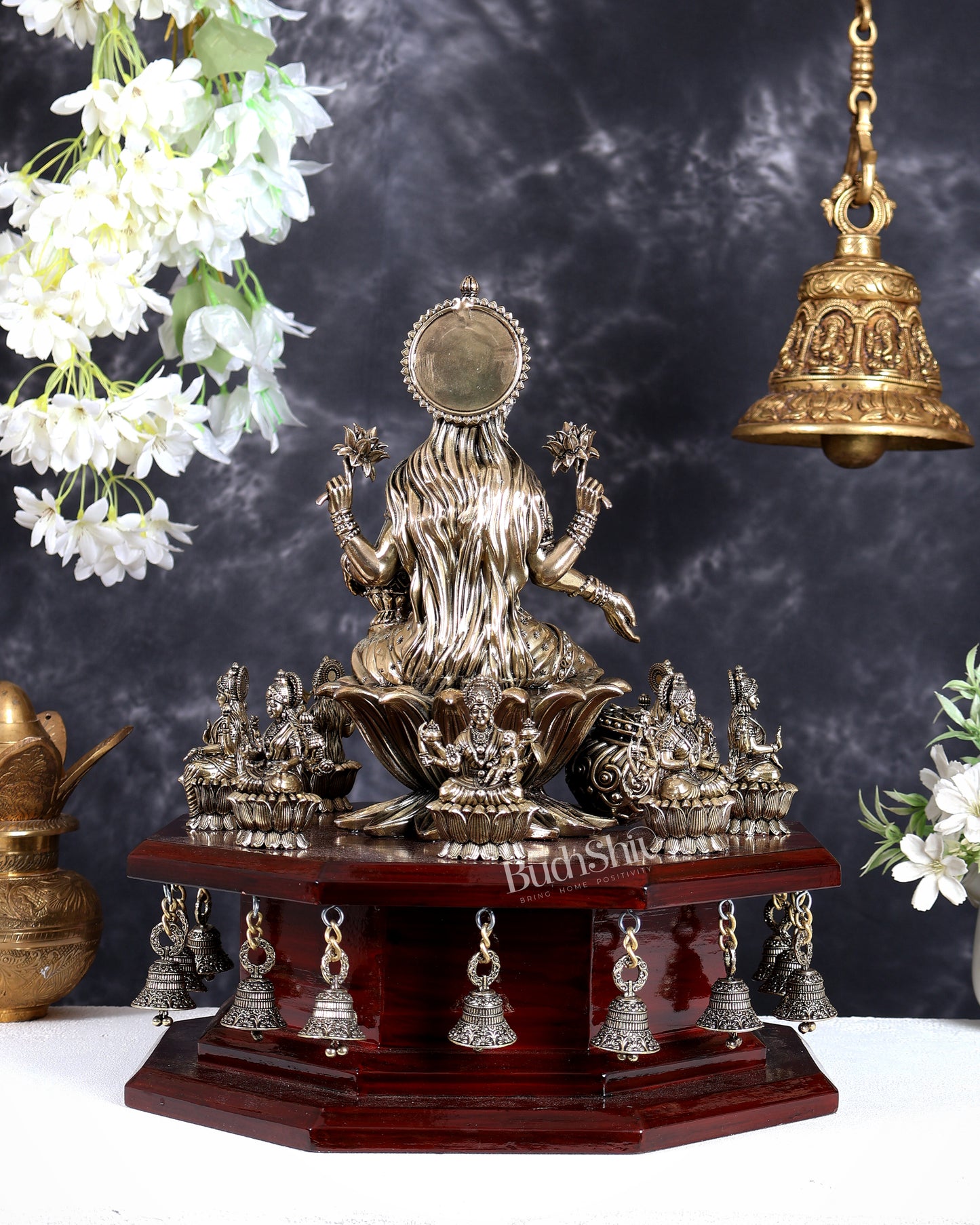 Brass Superfine Mahalakshmi with Ashtalakshmi Idols on Teak Wood Base with Hanging Bells – Divine Prosperity Ensemble (15 Inches)
