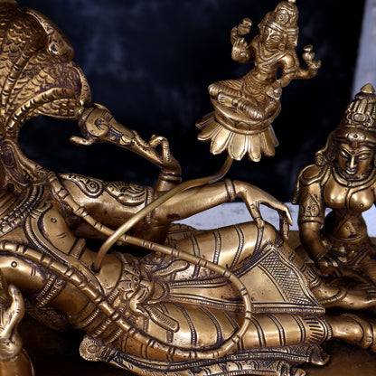 Brass Ananta Shayana Vishnu on Sheshanaag with Bhudevi, Sridevi & Brahma 15.5 inch wide