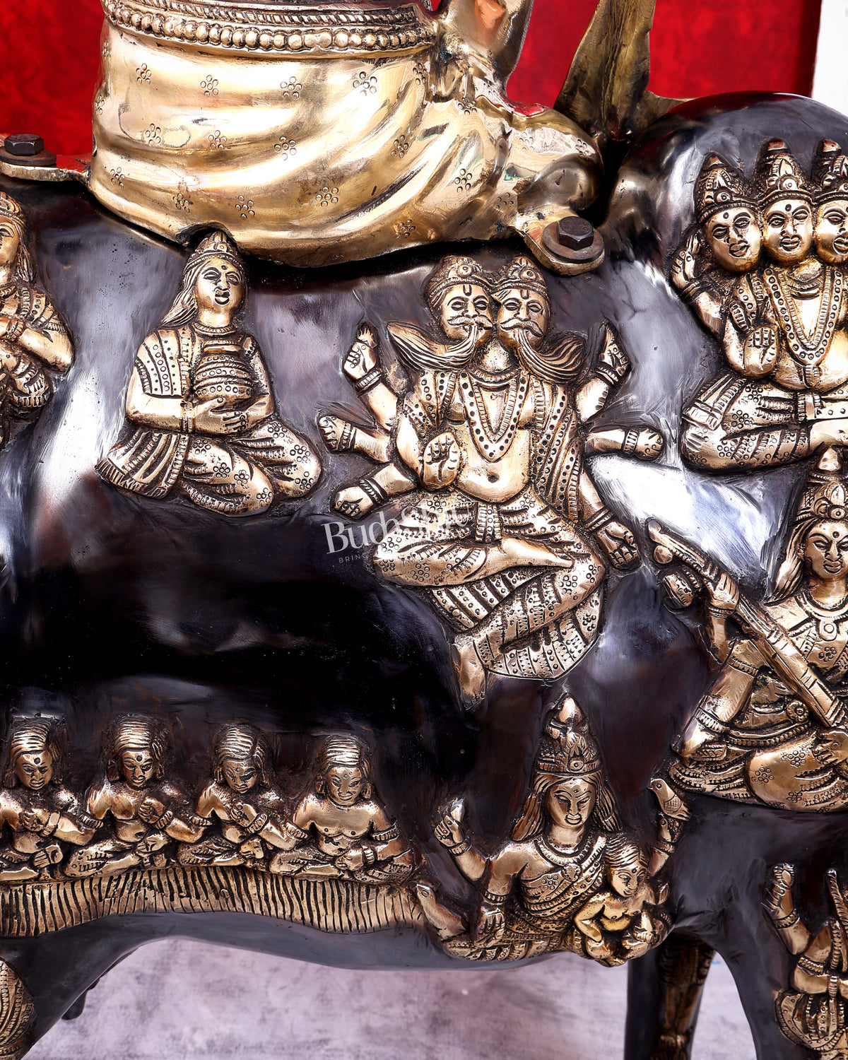 Brass Large Krishna Sitting on Cow Statue — Black and Gold Finish 43 inch tall