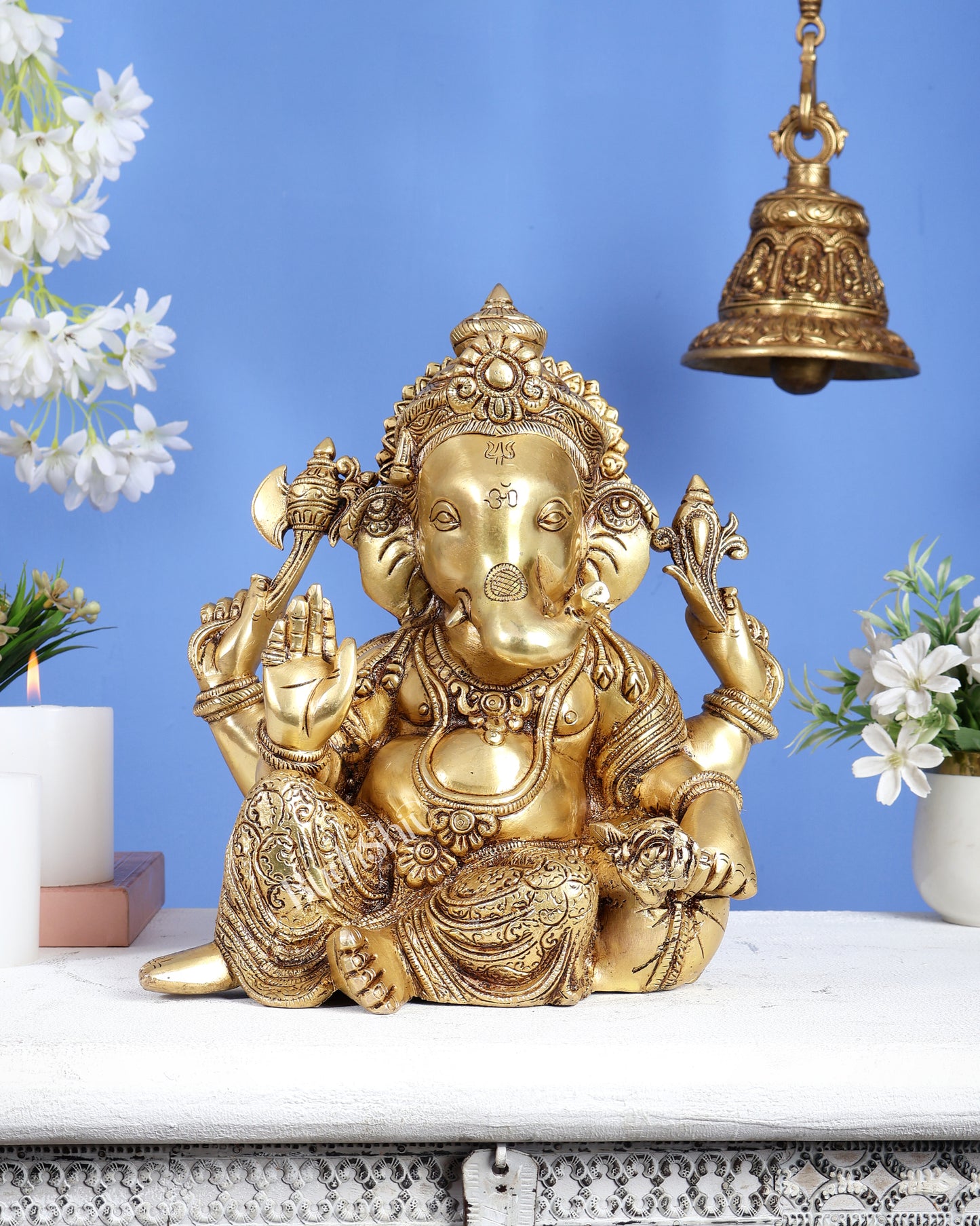 Brass Resting Ganesha Statue – Unique Relaxed Pose Divine Sculpture (11 Inches)