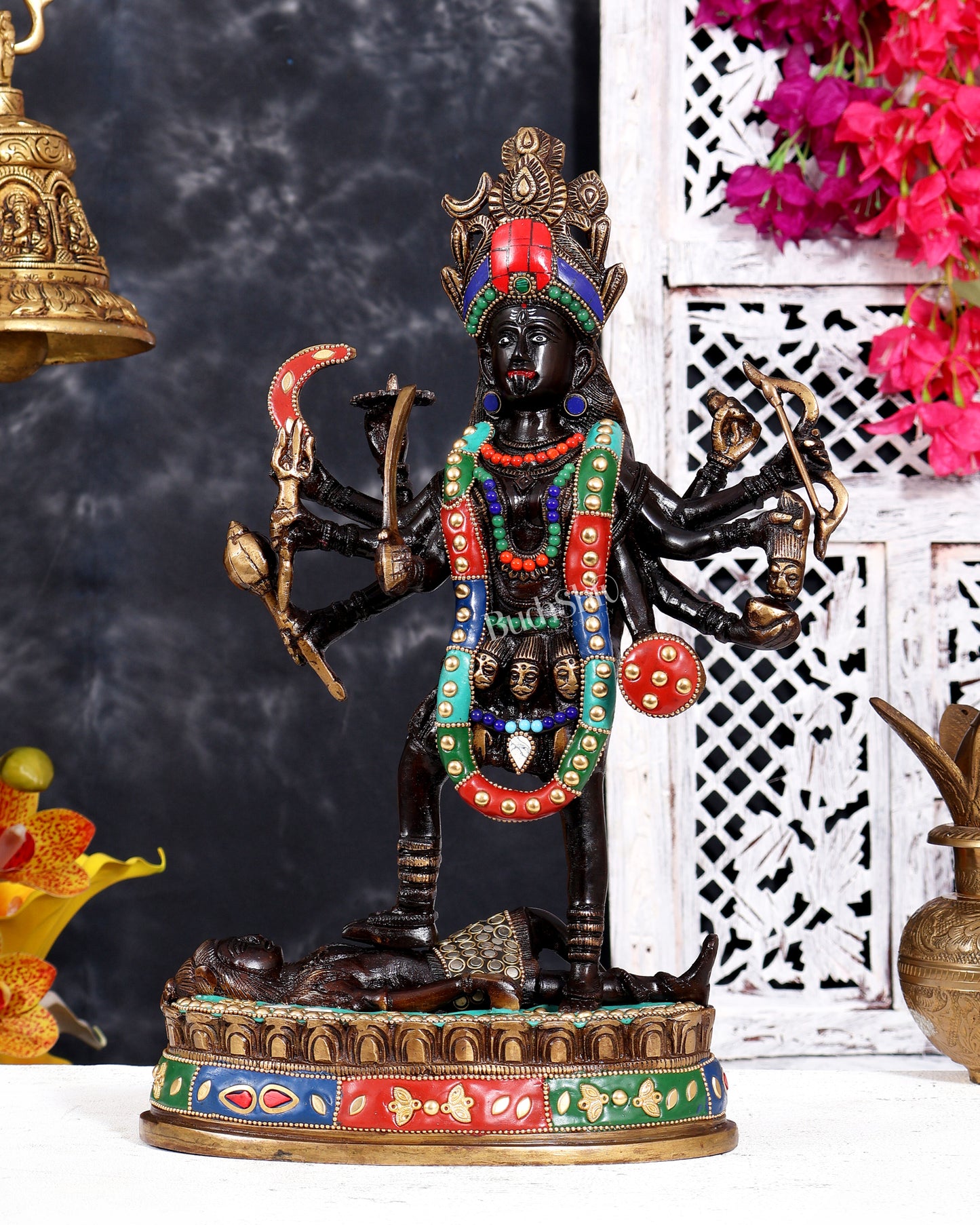 Pure Brass Vintage Goddess Kali Dashbhuja Idol | 14 inch with meenakari and shringaar