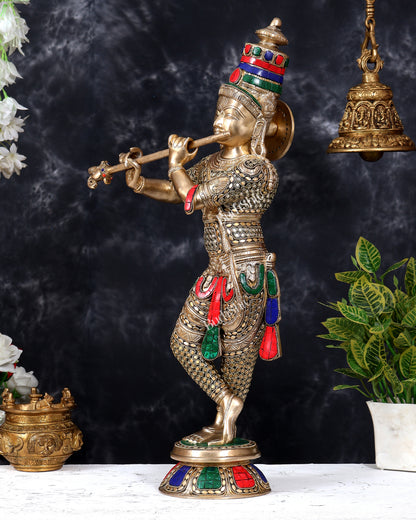 Brass Krishna Statue with Rings and Stonework 23 inch