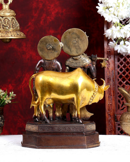 Brass Radha Krishna with Cow Idol – Three Tone Antique Finish 13 inch