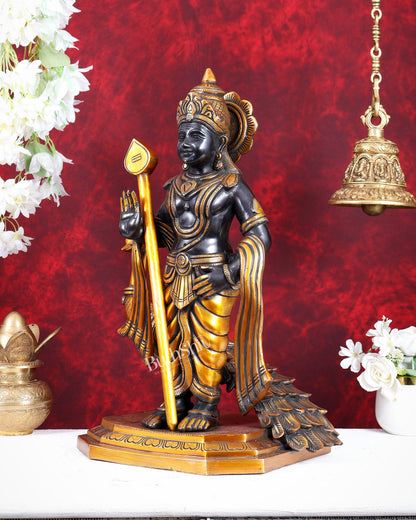 Large Brass Murugan Swamy with Peacock Idol – Black & Golden Finish Highly Detailed Lord Kartikeya Statue (20.5 Inch)