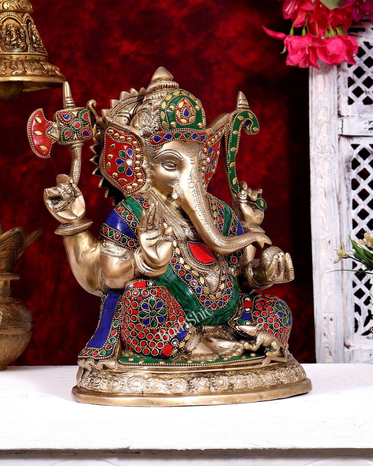 Brass Ganesha Statue with meenakari Stonework - 12 inch