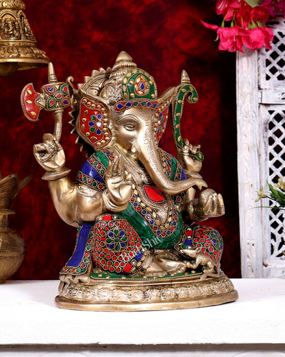 Brass Ganesha Statue with meenakari Stonework - 12 inch