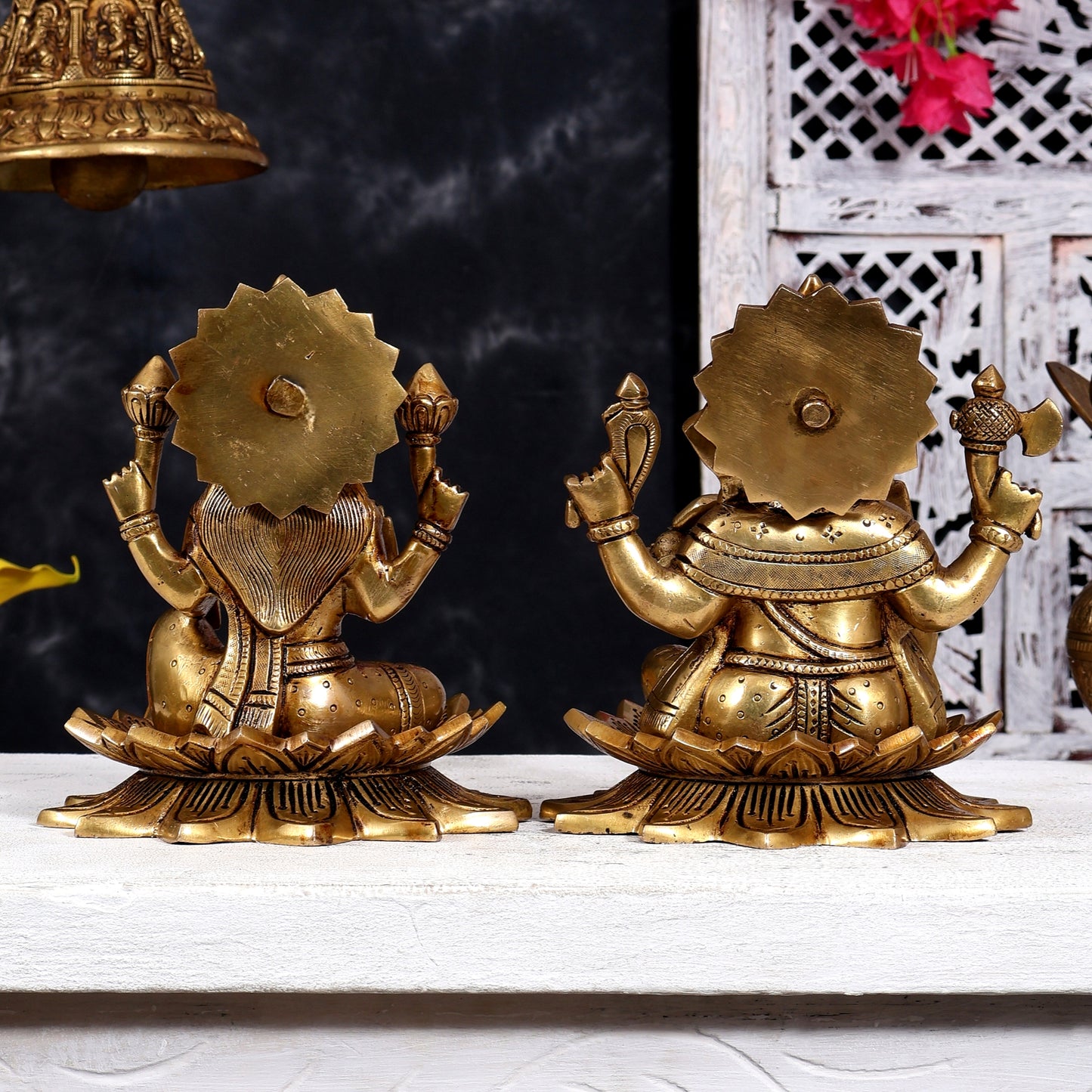 Brass Lord Ganesha and Goddess Lakshmi on Lotus — Pair, Crossed Legs 7 inch