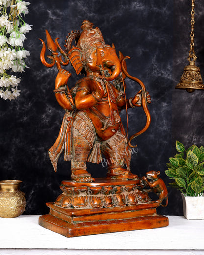 Brass Large Warrior Ganapati Sculpture — Antique Tone 28.5 inch