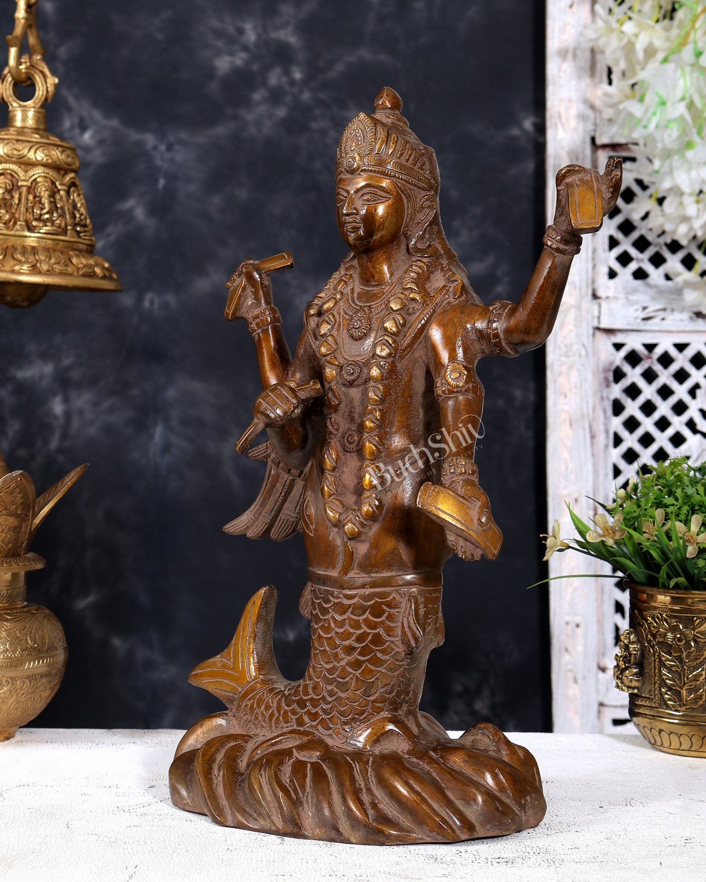 Pure Brass Matsya Vishnu Avatar Statue | Vintage Finish Divine Sculpture (14 Inch)