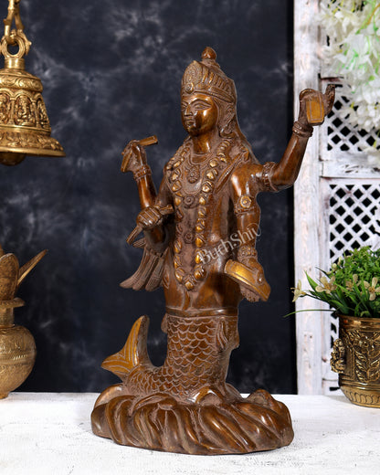 Pure Brass Matsya Vishnu Avatar Statue | Vintage Finish Divine Sculpture (14 Inch)