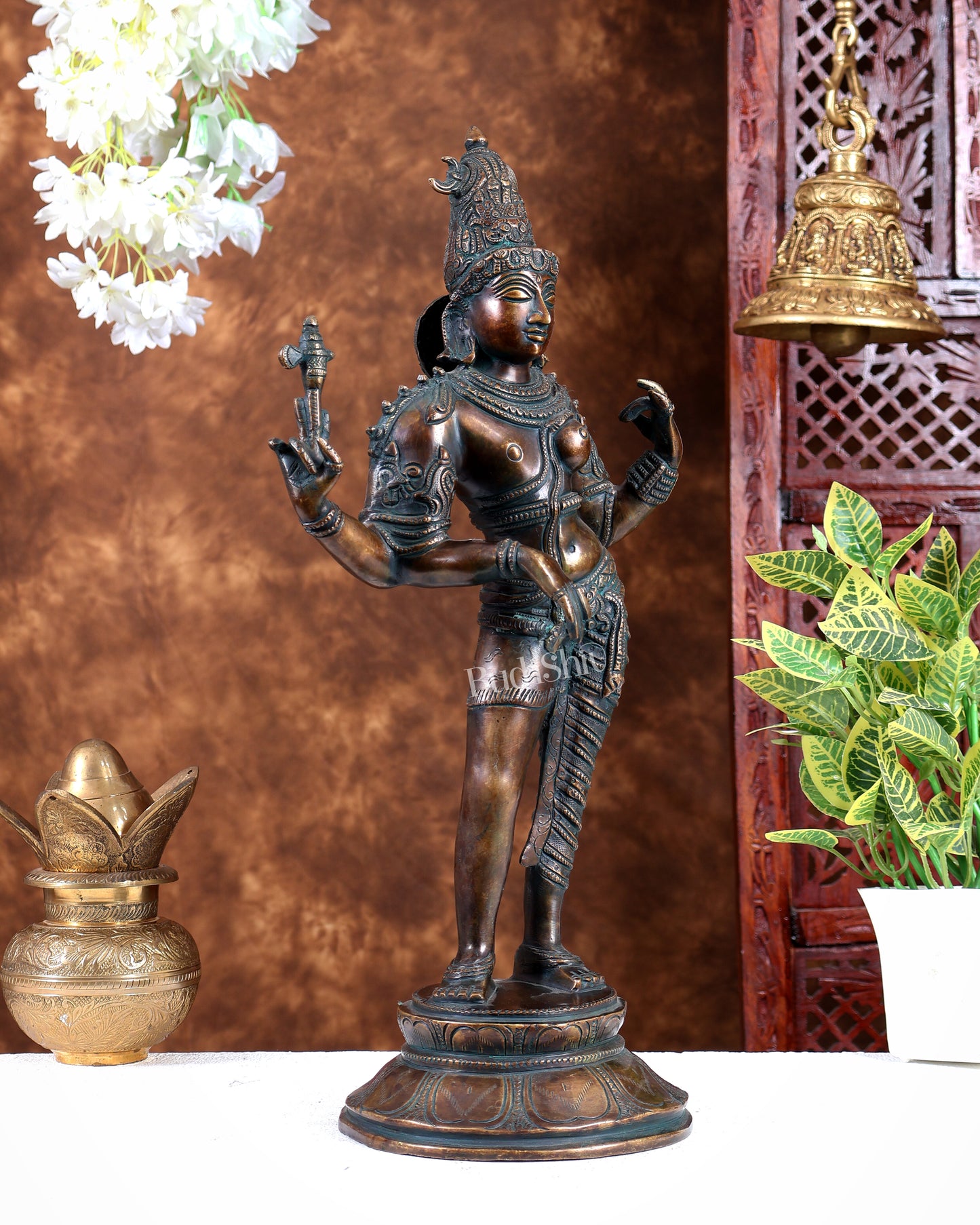 Vintage Brass Ardhanarishwara Statue | Bronze Tone Finish 19 inch